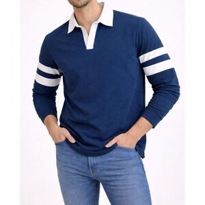 Vinton Mens Navy Long Sleeve Rugby Shirt White Stripe Cotton XL A7411